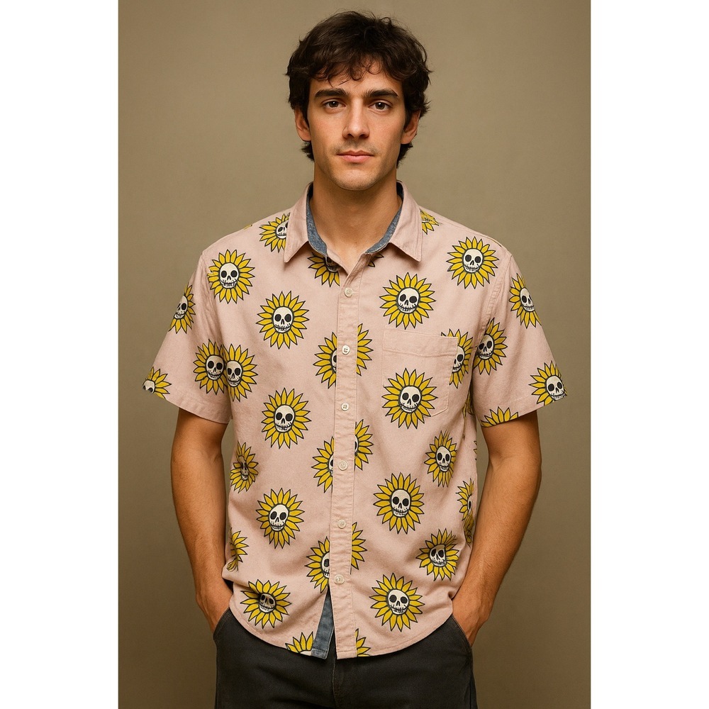 Eighty Eight Skull Sunflower Shirt XL Pink‎ Button Up Y2K Alt Grunge Festival